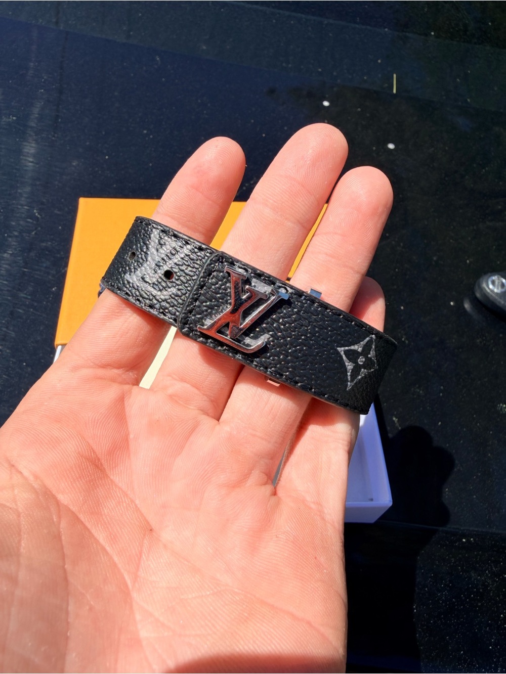 Louis Vuitton Black Monogram Leather Bracelet with LV Buckle